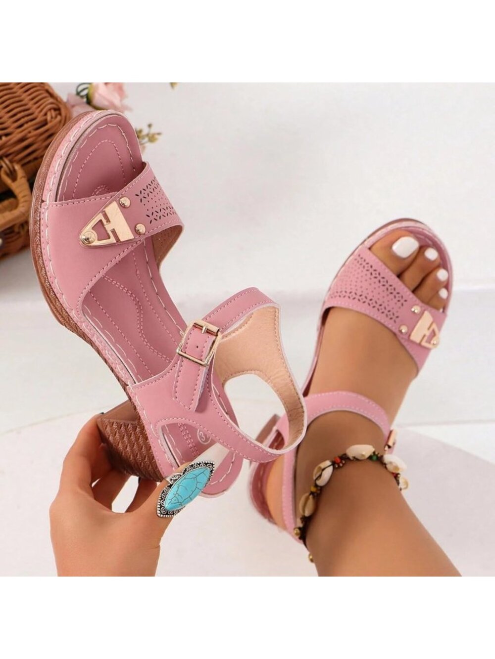 Women's Pink Dressy Low Block Chunky Heels Ankle Strap Comfortable Open Toe - Picture 6 of 7